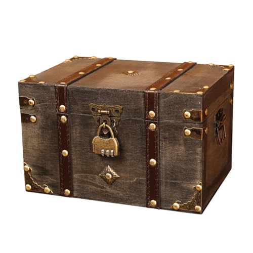 misppro Baúl de almacenamiento de madera, caja organizadora de joyas vintage, cofre del tesoro con cerradura para recuerdos, tamaño XL