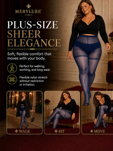 Image of MERYLURE Plus Size Sheer Tights for Women,20D Control Top Pantyhose Reinforced Toes High Waist Stockings 3 Pairs 1XL-6XL