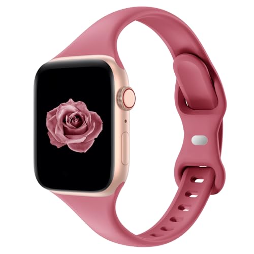Image of Thin Slim Band Compatible with Apple Watch 38mm 40mm 41mm 42mm 44mm 45mm 46mm 49mm, Replacement Silicone Sport Strap for iWatch Series 11 /10 /9 /8 /7 /6 /5 /4 /3 /2 /1 Ultra SE Women Men, Hibiscus