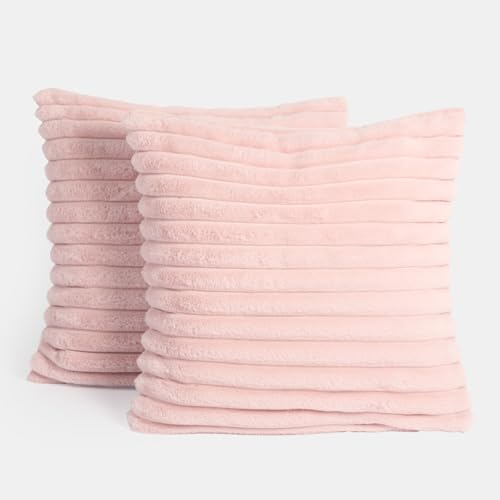 OHS Blush Pink Cushions Ribbed Faux Fur Decorative Throw Pillows for Sofa Cushions Living Room Lounger Cushion Cover Smooth Soft Comfy Home Decor Pack of 2 - Pink