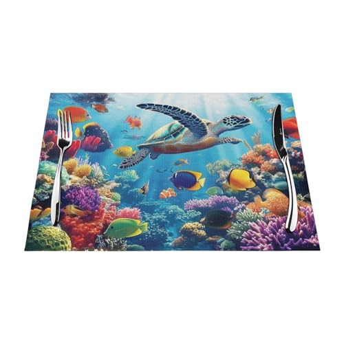 Juego de 6 manteles individuales con diseño de tortugas marinas de coral, antideslizantes, resistentes al calor, PVC, 30,5 x 45,7 cm