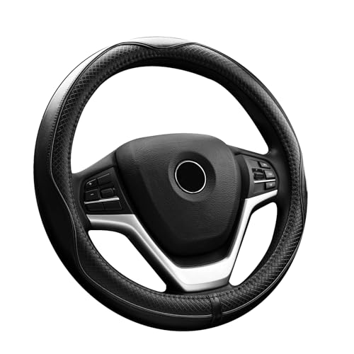 Image of Valleycomfy Steering Wheel Covers Universal 15.75 inch - Genuine Leather, Breathable, Anti Slip & Odor Free (Black with Black Lines, L(15 inch 1 /2-16 inch))