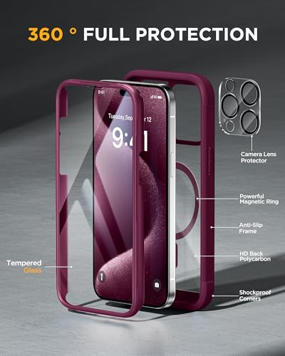 Image of Miracase Magnetic for iPhone 12 Pro Max Case [Compatible with MagSafe] Full-Body Phone case with Built-in Glass Screen Protector& Camera Protector, Military Drop Proof 12 Pro Max Cover, Wine Red