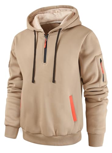 Leidowei Mens Hoodies Casual Pullover Hooded Sweatshirt Long Sleeve Quarter Zip Hoody Tops With Kangaroo Pocket Khaki M