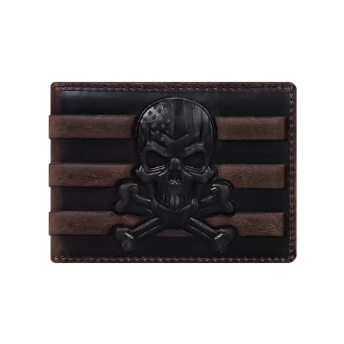 Men's Gift American Flag Skull Wallet for Men Bifold Genuine Leather Punisher Money Clip RFID Blocking Slim 6 Card Slots (Brown American Flag Skull Wallet)