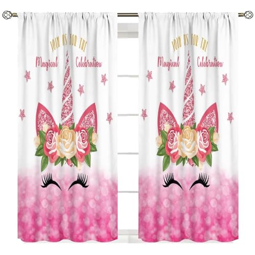 Yearn Jear Kids Unicorn Curtains, Rainbow Pink Gold Princess Window Curtain for Girls Kids Baby Room Living Room Window Treatments 2 Panels Sets, 42x54 Inch Blackout
