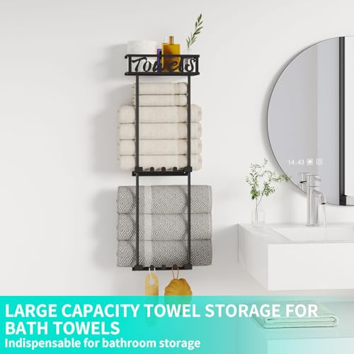 HapiRm Towel Rack Storage Organizer - 3 Tier Towel Holder for Bathroom Wall Mounted with Storage Basket and 6 Hooks Design for Rolled Towels, Black
