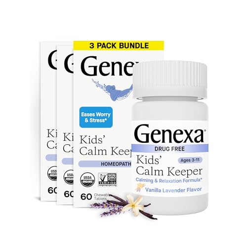 Genexa Kid's Calm Keeper Stress Relief for Kids | Reduces Fatigue & Eases Tension | Soothing Natural Vanilla & Lavender Flavor | Certified Vegan, Gluten Free, & Non-GMO | 180 Chewable Tablets (3 Pack)