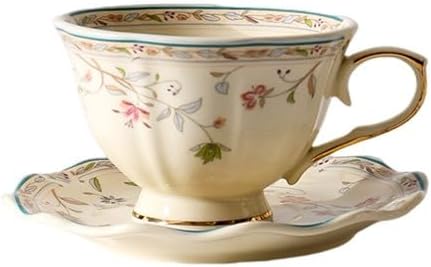 8 oz Vintage flower Ceramic cup and 6" saucer set with Brand customized stainless steel spoon Gifts for Afternoon Tea Coffee Hour (A)