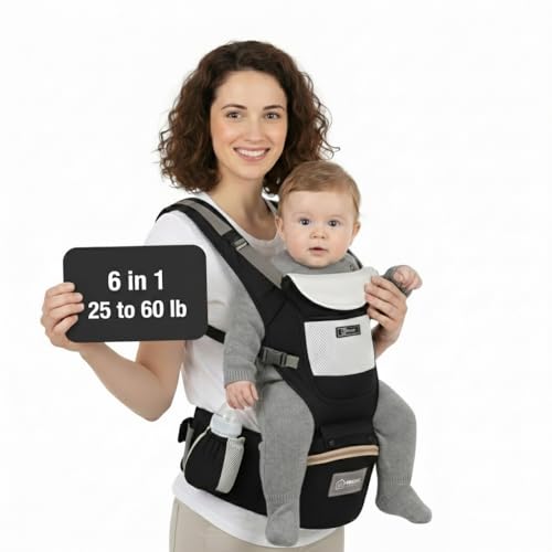 Image of Baby Hip Carrier with Detachable Hip Seat and Head Support, 6 in 1 Toddler Carrier M-Shape Ergonomic Baby Carrier Newborn to Toddler, Adjustable Shoulder Straps, Bottle Holder & Storage Pocket - Black