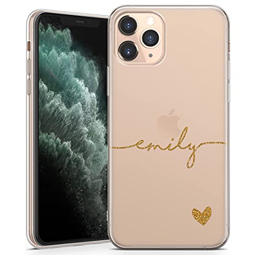 TULLUN Custodia personalizzata per iPhone 14, in morbido gel trasparente, cover personalizzata orizzontale con nome e fondo a forma di cuore, stile individuale, iniziali e testo, oro
