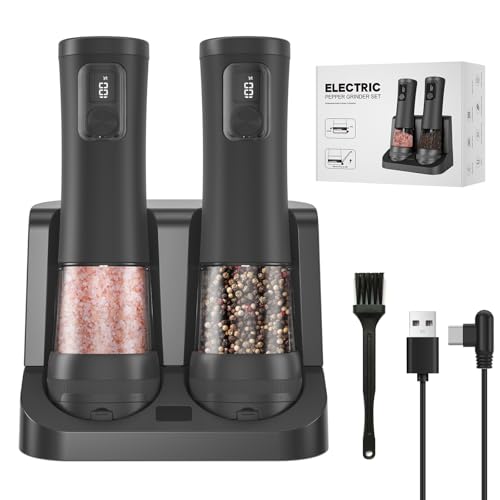 Lot de 2 moulins à sel et poivre électriques automatiques avec base rechargeable, 5 réglables, écran LED, cadeau de cuisine (2, noir, base rechargeable par USB)