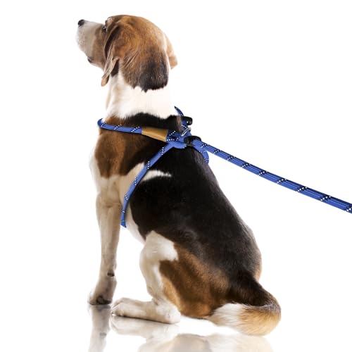 Lynxking No Pull Rope Dog Harness No Pull Reflective Leash Harness Collar 3 in 1 Dog Halter Harnesses Adjustable for Large Giant Dog (Blue, Large 1/2 inch)