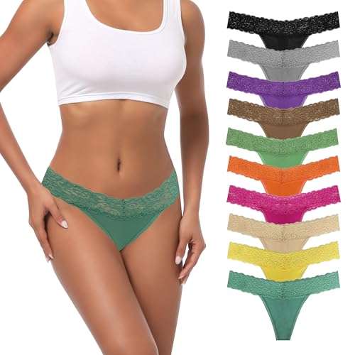 Image of Cotton Thongs For Women, Lace Thongs For Women,10 Pack Size XS to 5XL | Delicate Floral Lace Trim,Buttery Soft Stretch Waistband,Minimal Thong Cut,Daily Everyday Wear,Value Multipack Lingerie