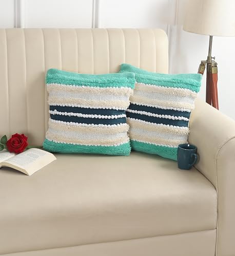 Image of TIB Premium Boho Decorative Throw Cushion Covers, 16 x 16 cm, Set of 2, Cotton. (Cream & Blue)