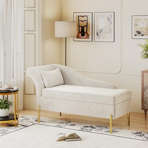 Andeworld Velvet Chaise Lounge with Storage, Modern Upholstered Tufted Chaise Lounge Chair Indoor Sofa Recliner Couch for Bedroom Office Living Room - Velvet Beige (Left Armrest)