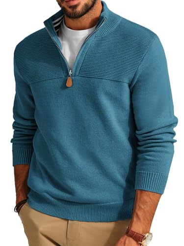 Pj Paul Jones Men'S Quarter Zip Sweater Slim Fit Mock Neck Polo Sweater Ribbed Pullover Sweaters Lake Blue cover