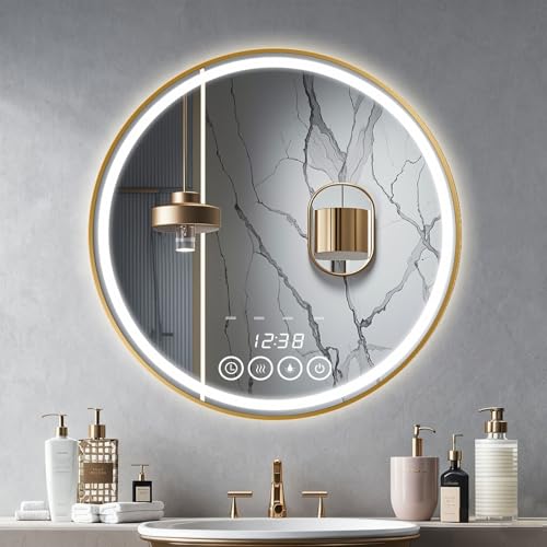 Msrorriw Wall-Mounted Round Bathroom Mirror with LED-Lights - Fra...