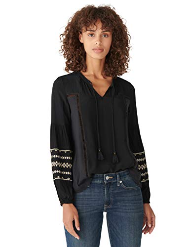 Lucky Brand Women's Long Sleeve Lurex Embroidery Peasant Top, Lucky Black, M