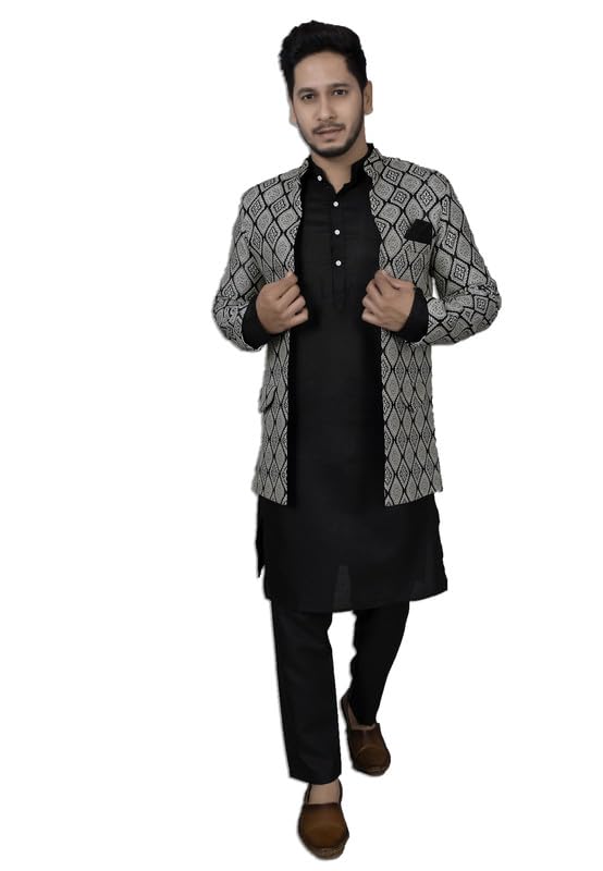 Ethzy Men’s Black Jacquard Casual Regular Printed Full Sleeve Knee Length Kurta Pyjama With Long Koti Jacket/Waistcoat 3 Piece Ethnic Wear Set – Traditional and Trendy Ethzy Men’s Black Jacquard Casual Regular Printed Full Sleeve Knee Length Kurta Pyjama With Long Koti Jacket/Waistcoat 3 Piece Ethnic Wear Set – Traditional and Trendy
