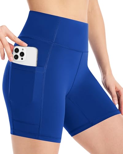 Moozava Biker Spandex Shorts Women Workout Gym Yoga Athletic Running Volleyball Booty Tummy Control High Waisted Soft Compression No See Through Pockets 6 M Royal Blue