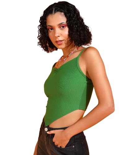 Image of POPWINGS Women Casual Green Rib Hankie Crop Top Tops for Women | Stylish Tops for Women | Trendy Tops Women