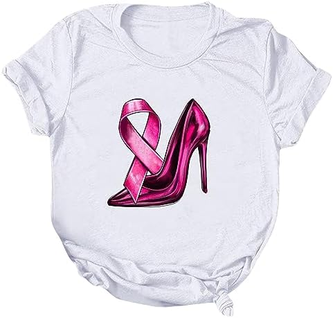 Tee Shirt Octobre Rose Femme Coton Imprimé RubanRose Cancer