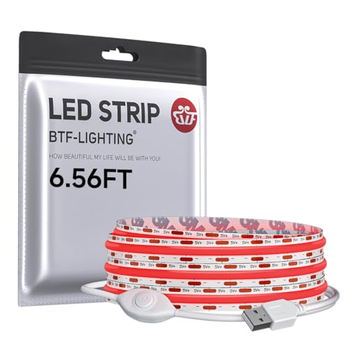 Image of BTF-LIGHTING FCOB COB LED Strip Lights 5V USB Powered Red Color for TV | 6.56FT 640LEDs CRI90+ Dimmable Super Bright LED Light with 3M Tape for TV Backlight PC 3D Printer Cabinet Home DIY Lighting