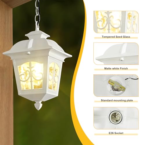 White Outdoor Pendant Light for Foyer Porch Patio Entryway Entrance, Large Aluminum Waterproof Exterior Hanging Lantern Light Outside Chandelier Light with Adjustable Chain(1 Pack)