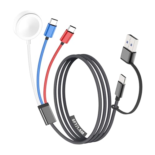 Travel Essentials for Apple Watch Charger, Multi Charging Cable for iPhone Charger, 3 in 2 USB C Cable Cord Compatible with iPhone 17-15 Series/iWatch Ultra/10-1/Galaxy S25-20, iPad-Multicolor, 5FT
