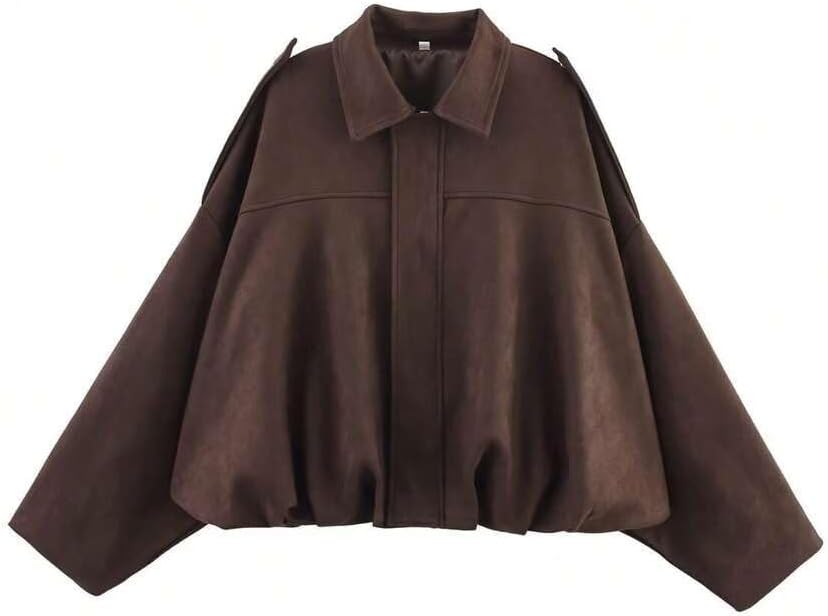 SKAYS Womens Faux Suede Bomber Jacket Lightweight Zip Up Cropped Lapel Pilot Jackets Oversized Casual Motorcycle Coat Coffee L - Image 3