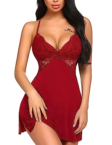 Avidlove Women Lingerie Valentines Lingerie Lace Chemise Sleepwear Babydoll Nightgown Teddy Lingerie (Dark red M)