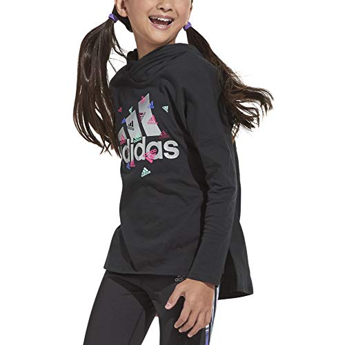 adidas Girls' Long Sleeve Hooded Tee T-Shirt, BoS adi Black Print, X-Large