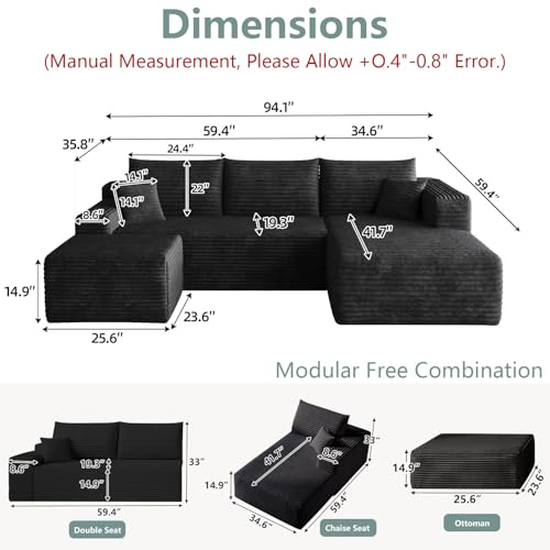 Image of Boneless Cloud Couch Comfy Sectional Couches for Living Room,U Shaped Sofa Couch in a Box with Ottoman Deep Seat Memory Foam Compressed Sofa(Black, 95 inch Right Facing Chaise)