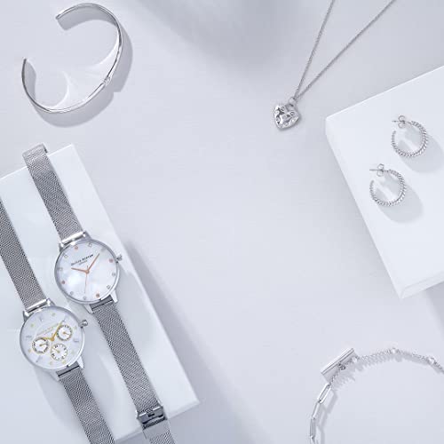 Image of Olivia Burton Classics Qtz Basic White Mother of Pearl & Stone & Stud Round Dial Women's Watch|Stainless Steel Material|Silver Color Band - OB16SE07