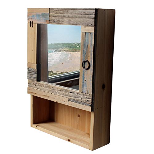 Armario de baño con espejo y estante de madera reciclada hecho a mano con efecto de madera natural temática de playa para baño decoración del hogar elegante efecto industrial tamaño 50 x 35 cm