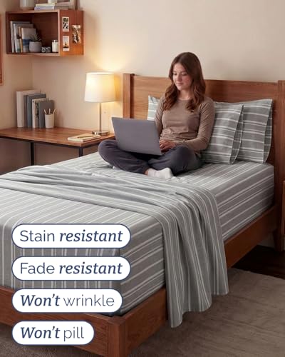 Image of Extra Deep Twin XL Sheet Set - 4 Piece Breathable & Cooling - Grey Stripes | Hotel Luxury Bed Sheets Set, Easy & Secure Fit, Ultra-Soft, Wrinkle & Fade Free, Comfy Sheets Set with Extra Deep Pockets