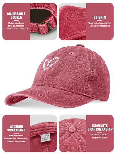Decorie Basecap Damen Kappe mit Vintage Herz-Stickerei Verstellbare Schildkappe aus Baumwolle für Sommer (Bordeauxrot,Einheitsgröße)