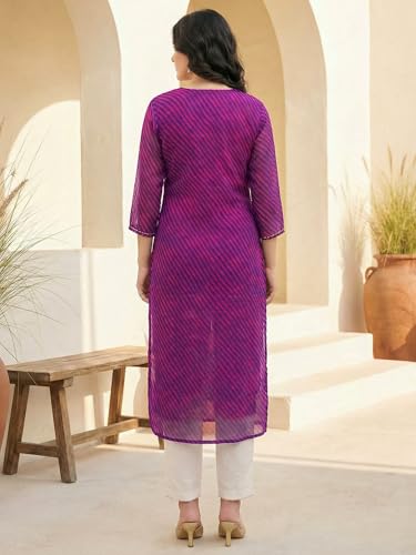 Image of INDO ERA Women's Georgette Leheriya Printed Straight Calf Length Kurtas (IEAI12232)