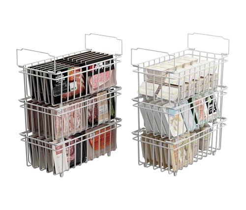 UMDONX 6 Pack Chest Freezer Organiser Baskets - Stackable Kitchen Storage Boxes for 198L Deep with Fold down Handle, Wire Open Bins Frozen Goods Sort, Durable Metal White