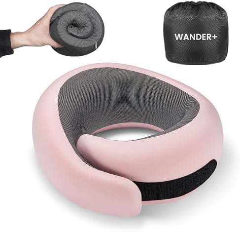 WANDER PLUS® Travel Pillow, 100% Pure Memory Foam Travel Neck Pillow Airplane Neck Support Ergonomic Design Best for Sleeping Plane Car Train Office Flight for Adults Pink