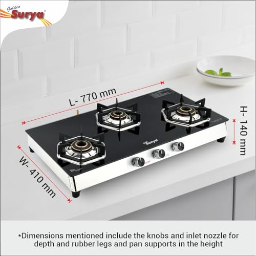 Image of GOLDEN SURYA Premium FlameX 3 Burners Manual Ignition Gas Stove (ISI Certified) 18 Months Warranty, Heavy Tornado Brass Burner, Thick Toughened Glass Top, LPG Compatible Cooktop