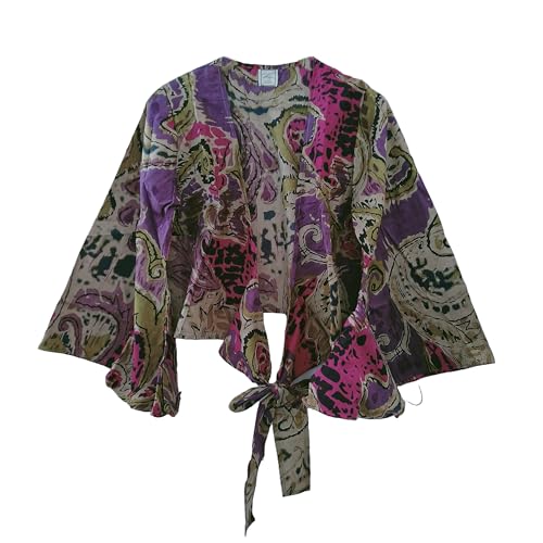 Abstract Print Beach cover up Purple Bell Sleeves 70's Retro Dress Sleepwear Hippie Clothing Crop Top