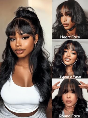 Image of 13x4 Glueless Human Hair Wig Body Wave with Curtain Bangs 18 Inch | Bye Bye Slip HD Lace Front Wigs Human Hair Pre Cut Pre Plucked Bleached Knots Bangs Drawstring Cap Ready to Wear 150% Density