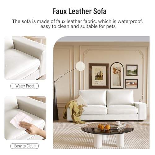 Image of Valthie Faux Leather Couch, Mid Century Modern Comfy Loveseat Sofa with Wide Arm, Side Pockets, Solid Wooden Frame for Office, Living Room and Bedroom, 3 Seater (White, 88.58 inches)