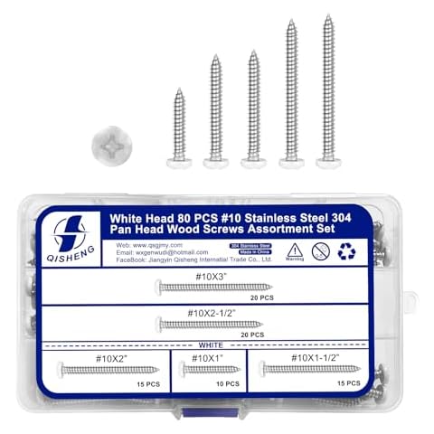 QISHENG White Head 80 PCS #10 Set Stainless Steel Phillips Pan Head Wood Screws Assortment Set,Stainless Steel 18-8 A2(304) Screw,Home Screw Kit Cover