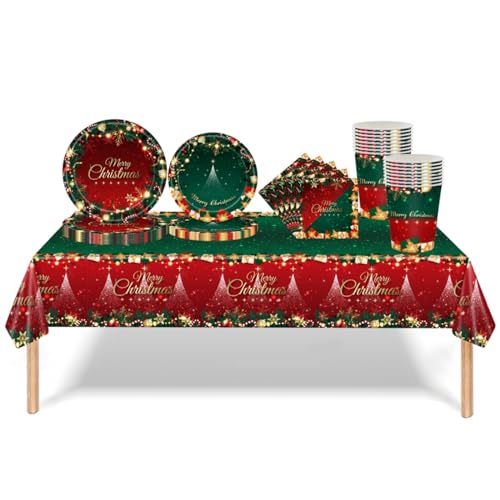 Juego de Vajilla de Navidad de 69 Piezas: Mantel de Plástico, Platos de Papel, Servilletas y Vasos para Decoración de Mesa de Fiesta de Navidad con Merry Christmas para Suministros