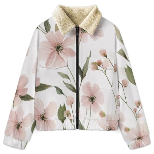 Veste polaire femme rose clair à motif fleurs de pêcher col montant
