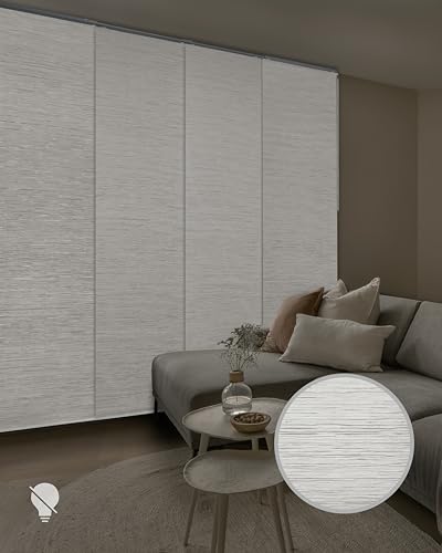GoDear Design 99.99% Blackout Adjustable Sliding Panel Track Window Blind 45.8"- 86" W x Up to 96" H, Extendable 4-Rail Track, Grayish Metallic Luster Trimmable Natural Woven Panel Curtain, Mica +