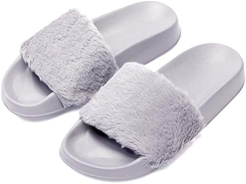 Womens Furry Slippers Open Toe Indoor Outdoor House Casual Flat Slides Sandals